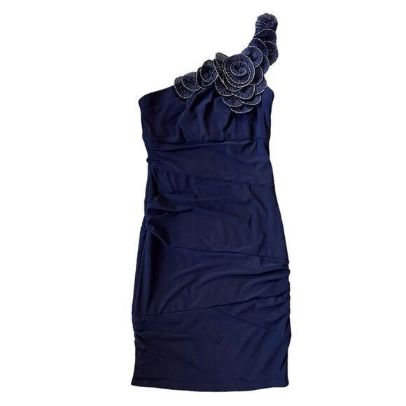 B.Darlin One Shoulder Floral Bodycon Mini Dress Navy Blue Women’s Size Medium M - Picture 2 of 7